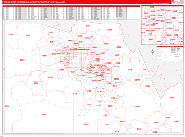 Phoenix-Mesa-Scottsdale Metro Area Wall Map Red Line Style